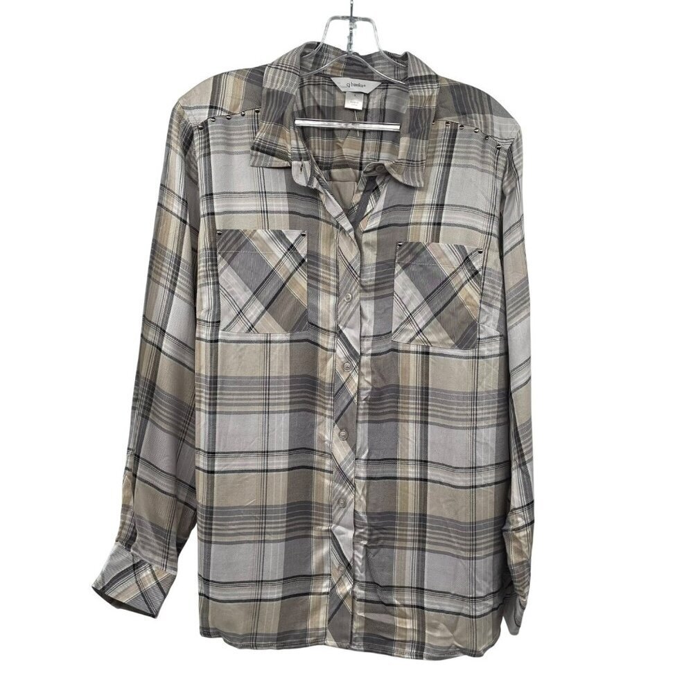 CJ Banks Womens Plaid Button Up Top Long Sleeve Multicolored Size X Studded